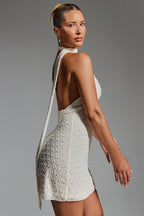 Embellished Scarf-Detail Halterneck Mini Dress in White  Gemma Chic