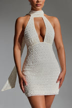Embellished Scarf-Detail Halterneck Mini Dress in White  Gemma Chic