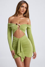 Hardware Detail Off-Shoulder Cut-Out Mini Dress in Olive Green  Gemma Chic