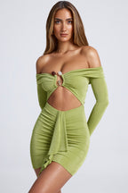 Hardware Detail Off-Shoulder Cut-Out Mini Dress in Olive Green  Gemma Chic