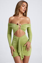 Hardware Detail Off-Shoulder Cut-Out Mini Dress in Olive Green  Gemma Chic