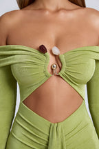 Hardware Detail Off-Shoulder Cut-Out Mini Dress in Olive Green  Gemma Chic