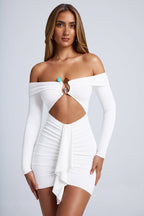 Hardware Detail Off-Shoulder Cut-Out Mini Dress in White  Gemma Chic