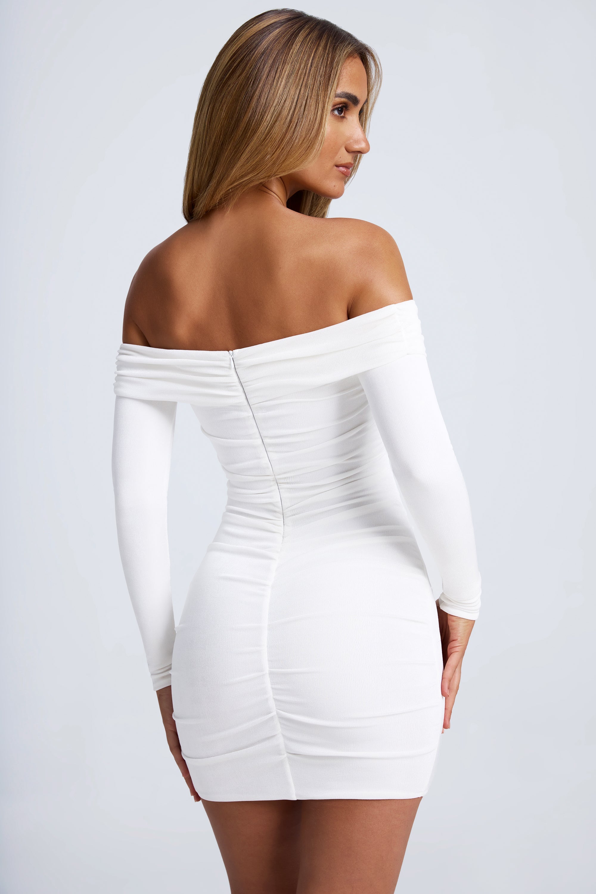 Hardware Detail Off-Shoulder Cut-Out Mini Dress in White  Gemma Chic