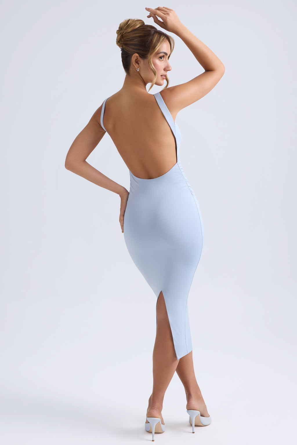 Ruched Open-Back Midaxi Dress in Light Blue  Gemma Chic