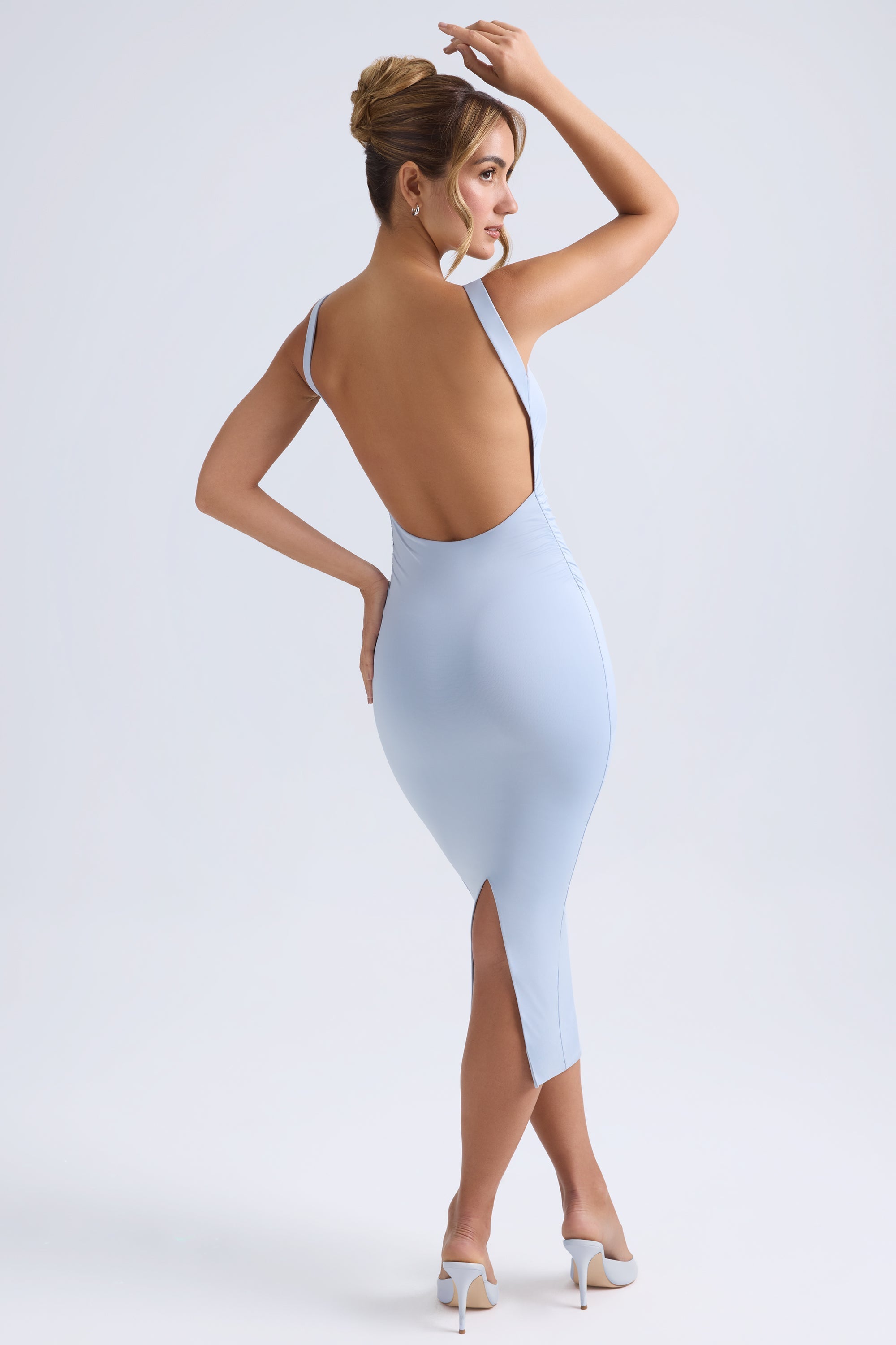 Ruched Open-Back Midaxi Dress in Light Blue  Gemma Chic