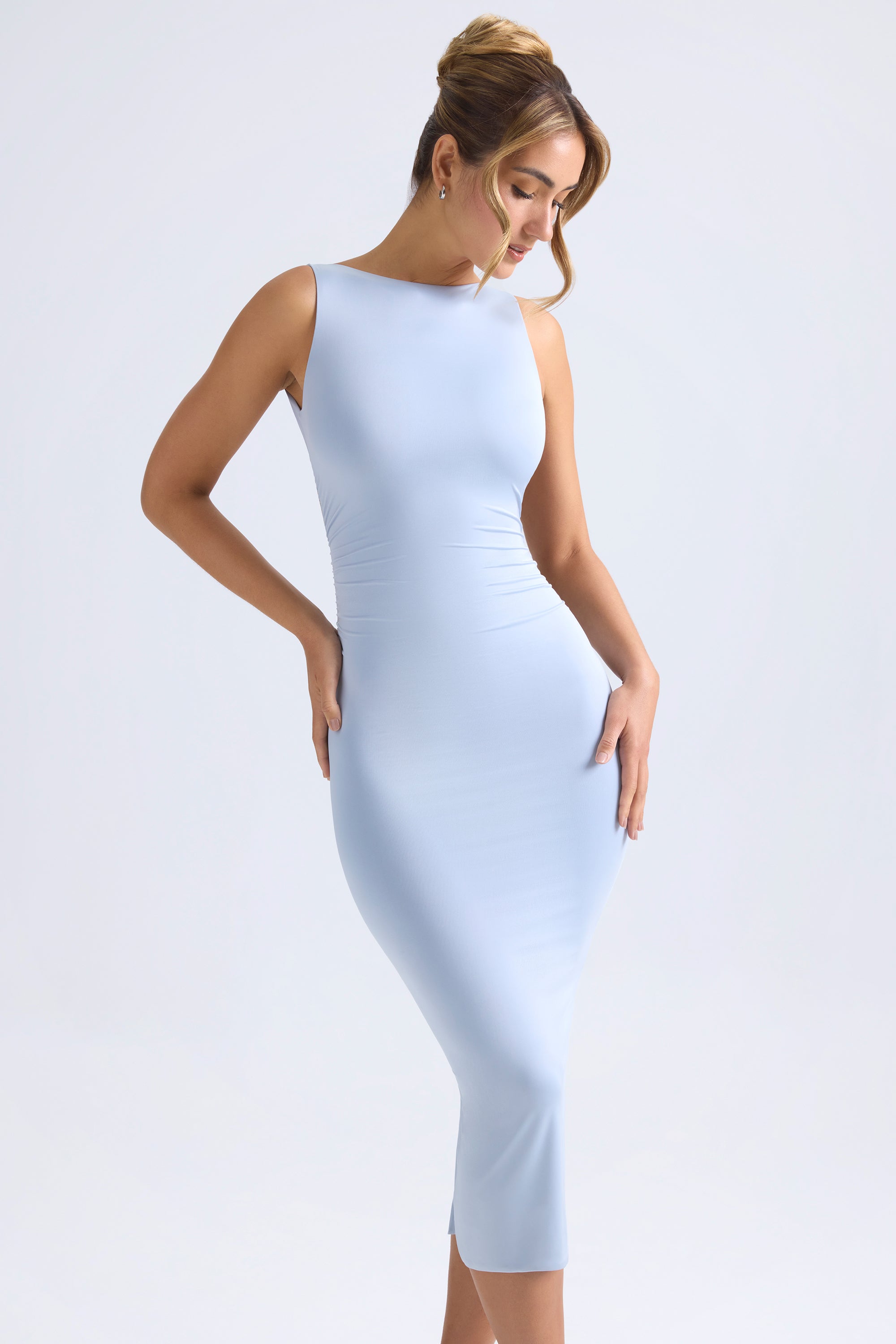 Ruched Open-Back Midaxi Dress in Light Blue  Gemma Chic