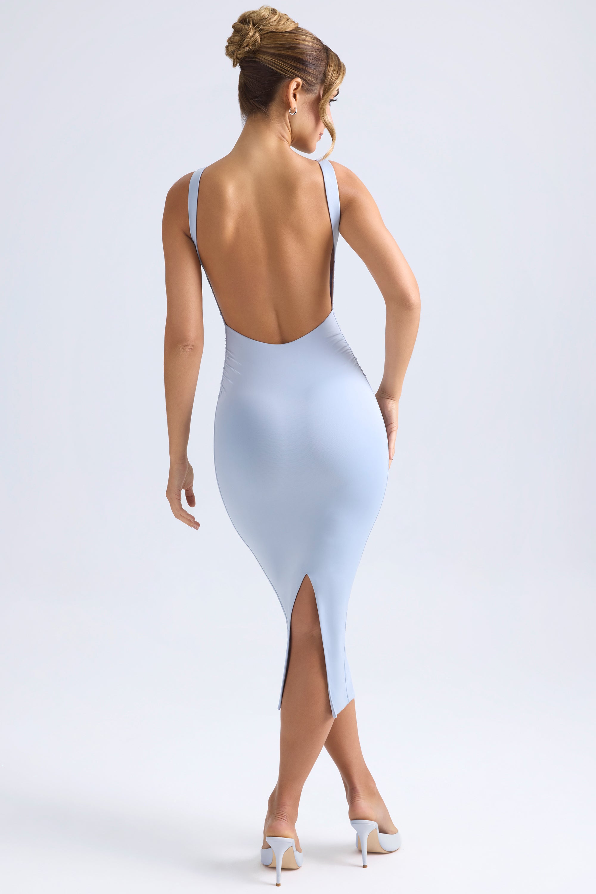 Ruched Open-Back Midaxi Dress in Light Blue  Gemma Chic