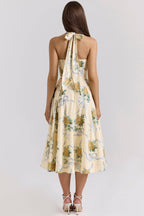 ALLENA Lemon Ribbon Stretch Cotton Halter Midi Sundress  Gemma Chic