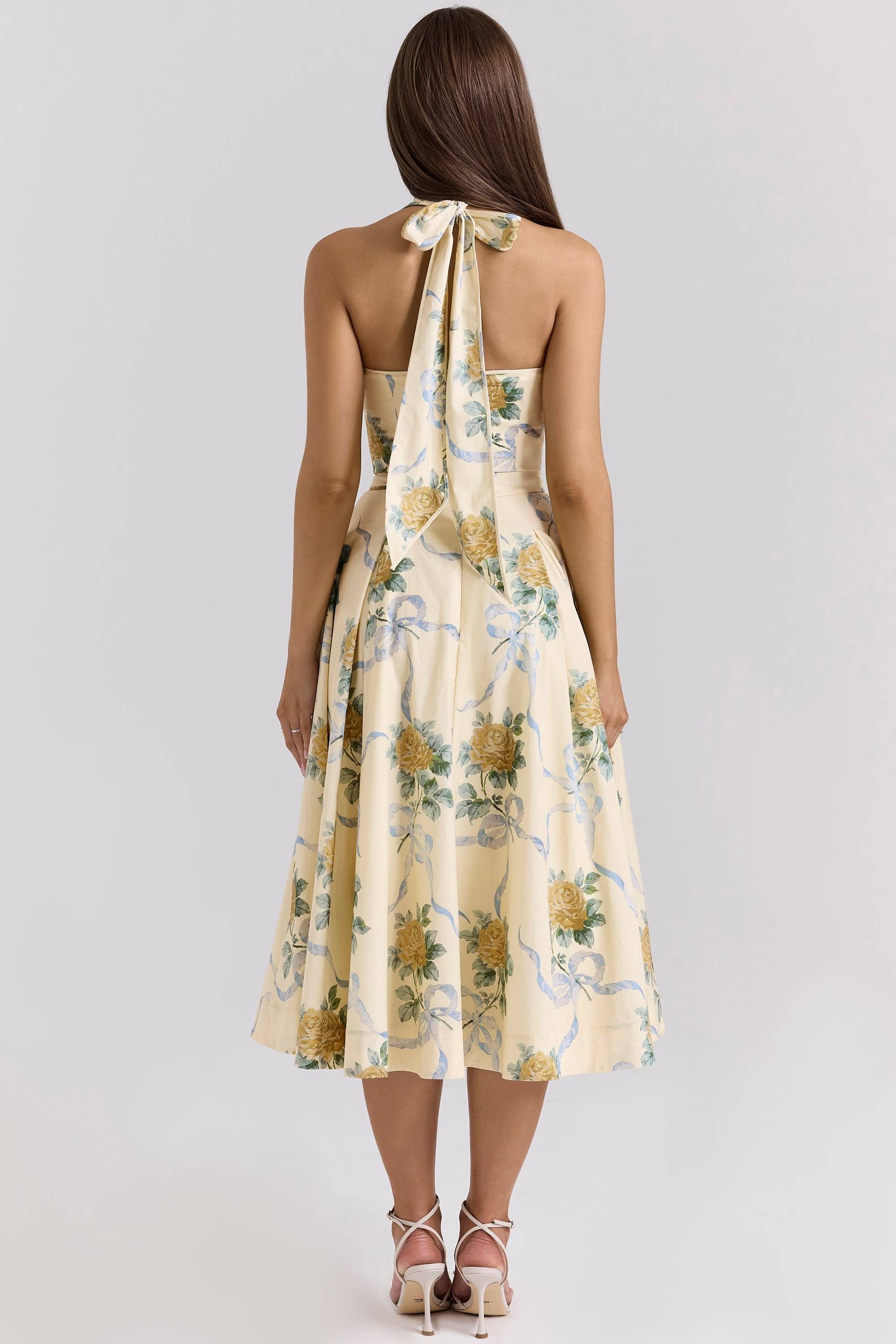 ALLENA Lemon Ribbon Stretch Cotton Halter Midi Sundress  Gemma Chic