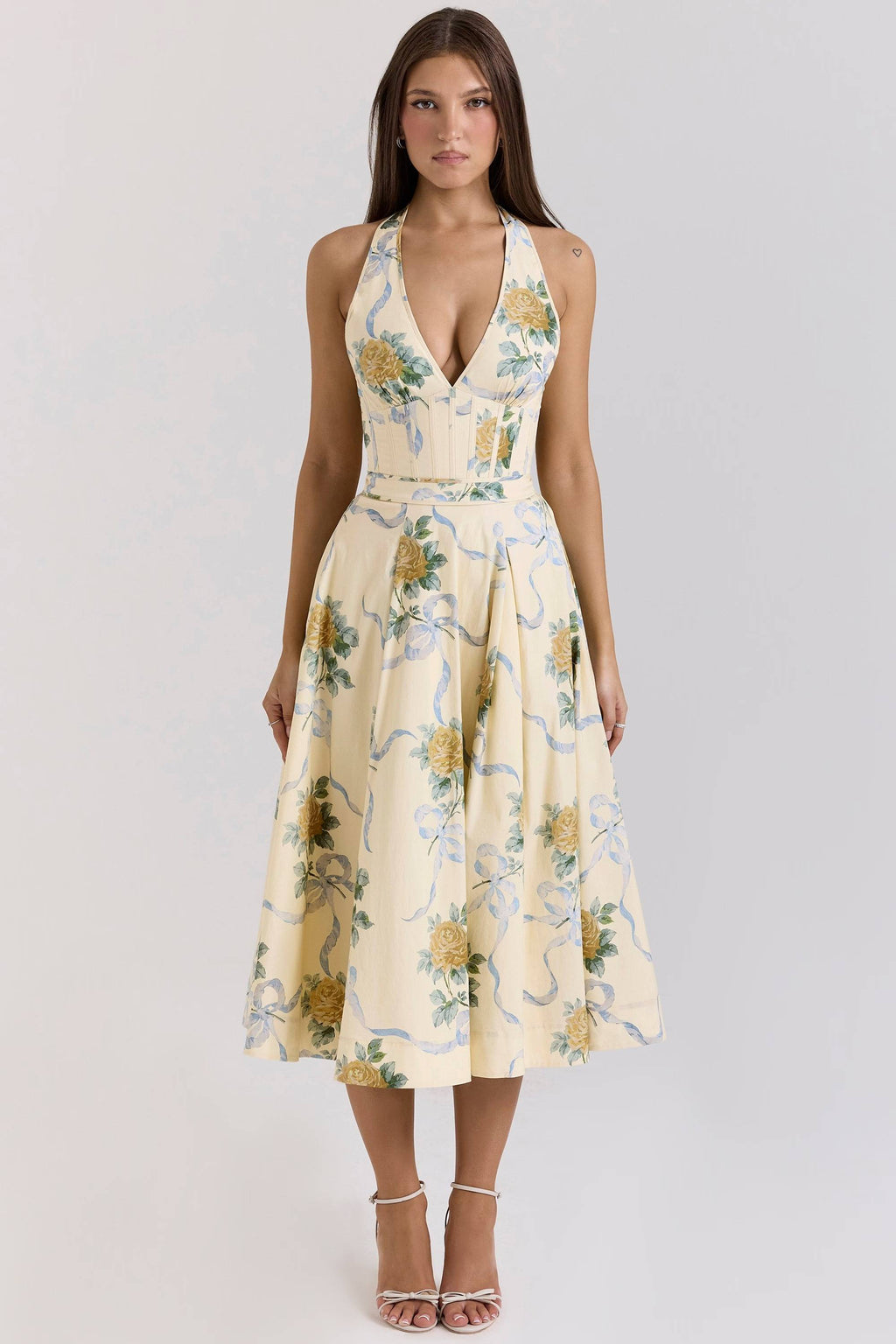 ALLENA Lemon Ribbon Stretch Cotton Halter Midi Sundress  Gemma Chic