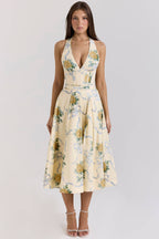 ALLENA Lemon Ribbon Stretch Cotton Halter Midi Sundress  Gemma Chic