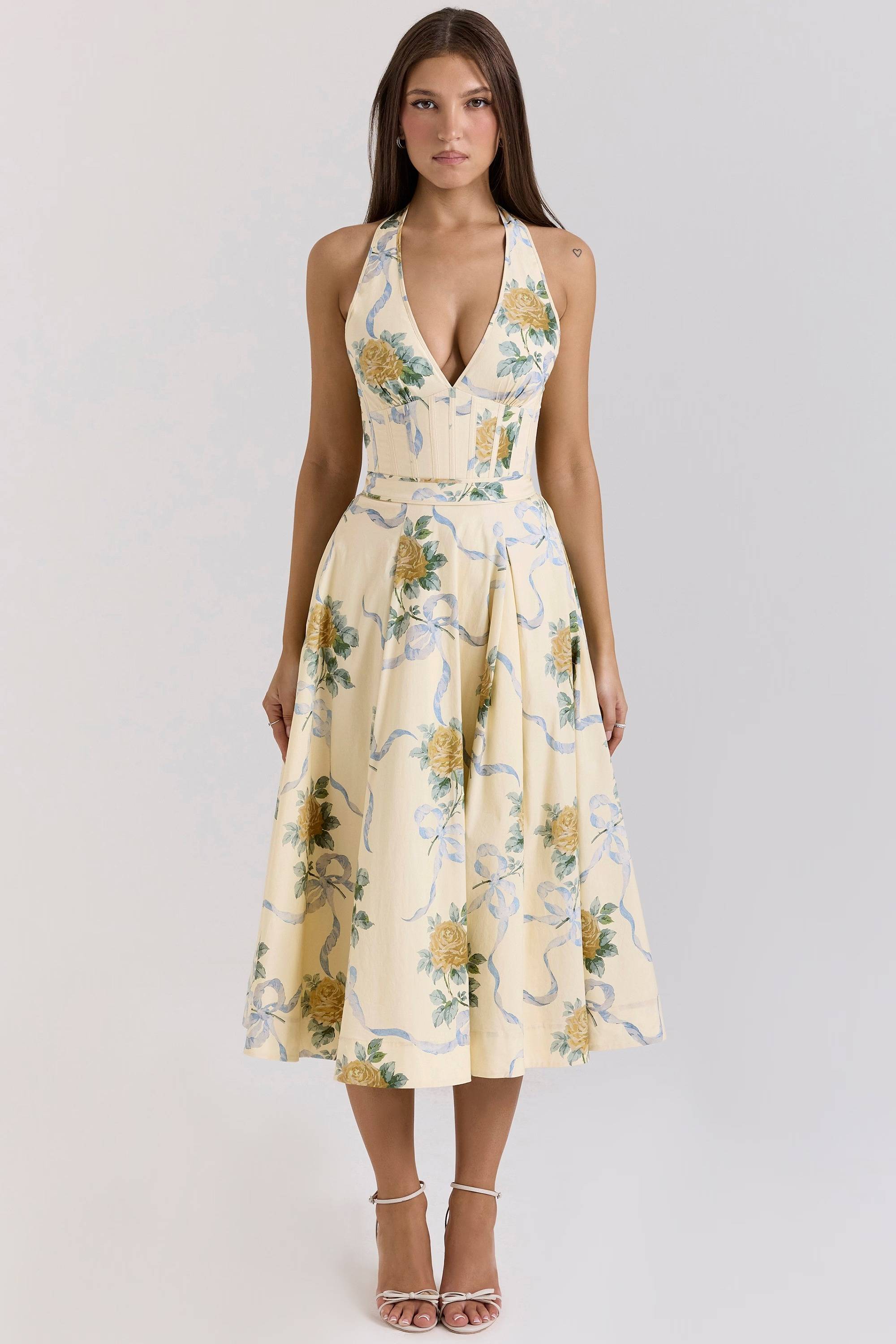 ALLENA Lemon Ribbon Stretch Cotton Halter Midi Sundress  Gemma Chic