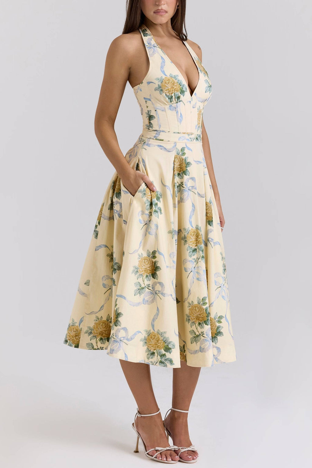 ALLENA_Lemon_Ribbon_Stretch_Cotton_Halter_Midi_Sundress_3