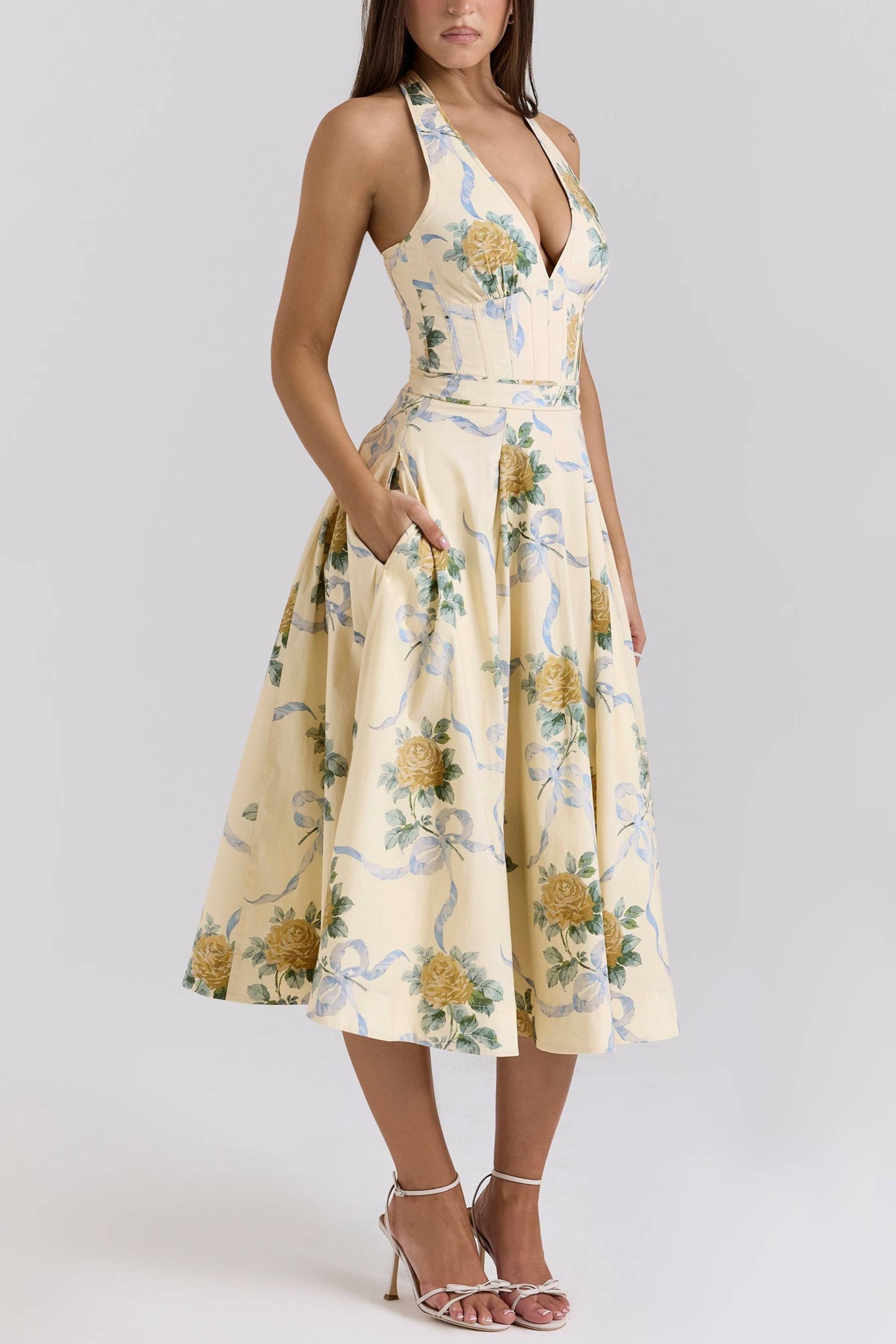 ALLENA_Lemon_Ribbon_Stretch_Cotton_Halter_Midi_Sundress_3