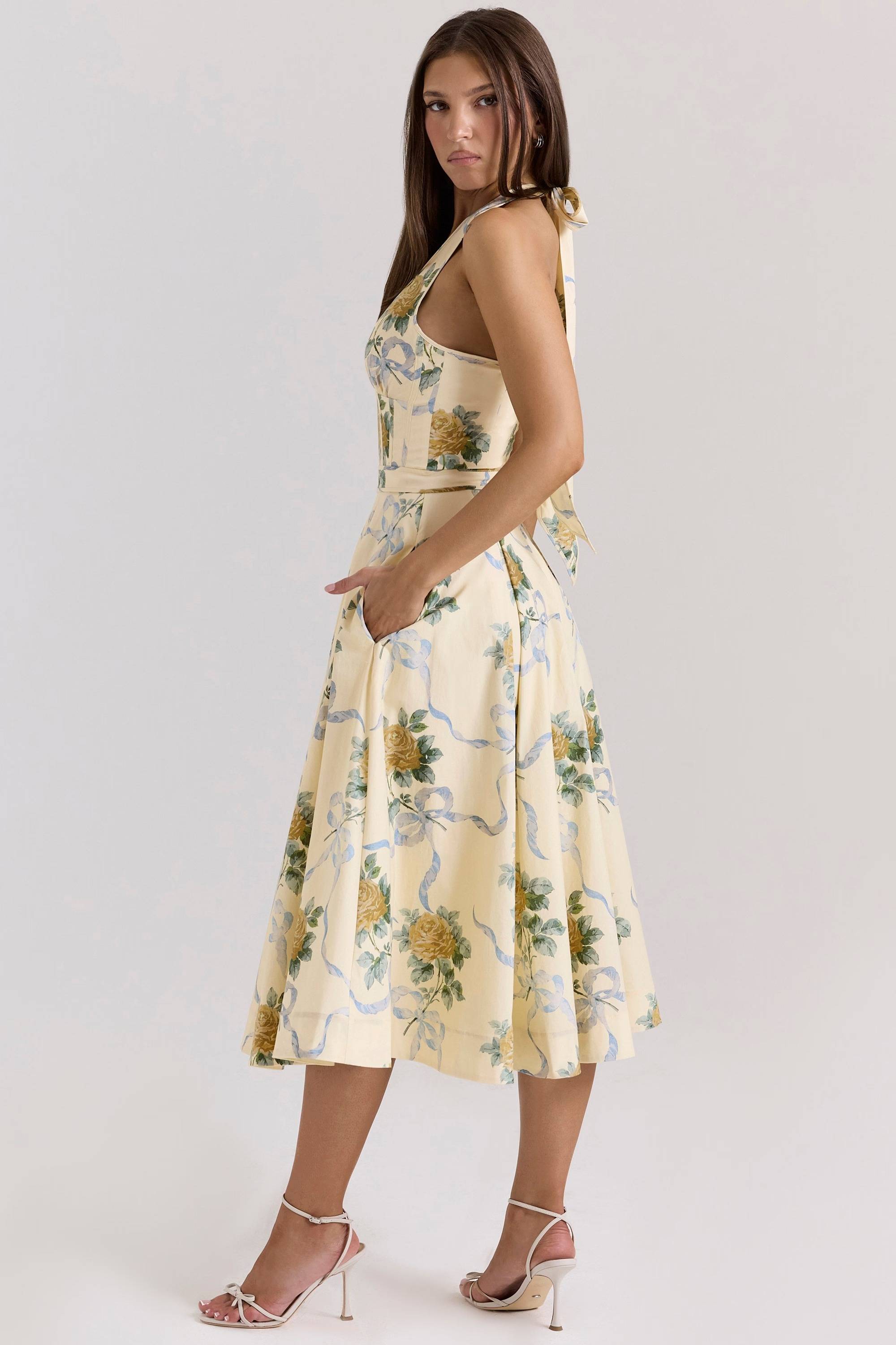 ALLENA Lemon Ribbon Stretch Cotton Halter Midi Sundress  Gemma Chic
