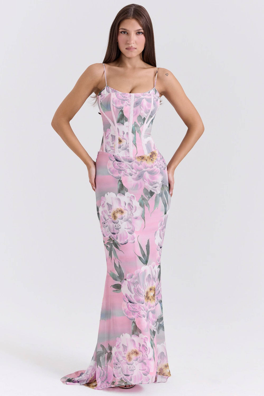 ANTONINA Pink Floral Corset Maxi Dress  Gemma Chic