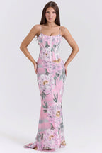 ANTONINA Pink Floral Corset Maxi Dress  Gemma Chic