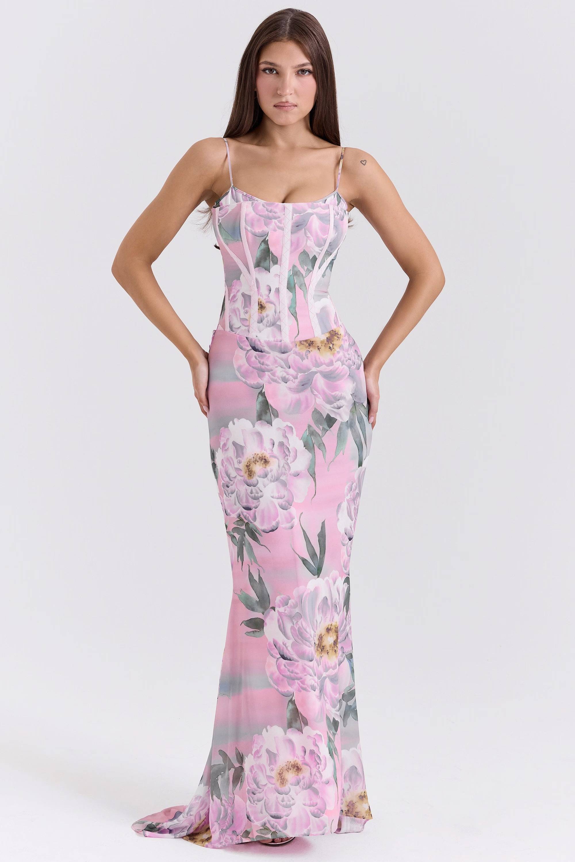 ANTONINA Pink Floral Corset Maxi Dress  Gemma Chic