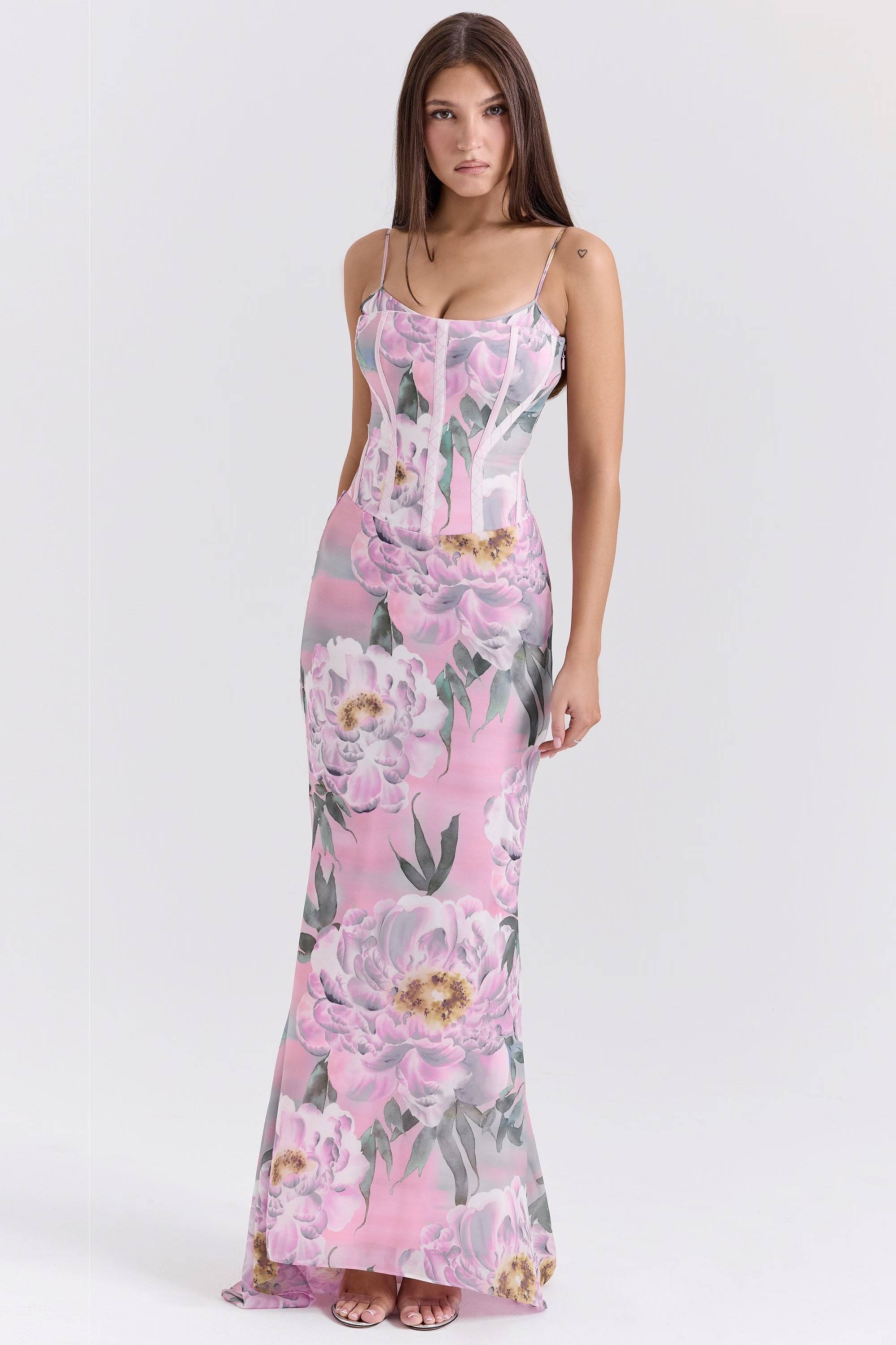 ANTONINA Pink Floral Corset Maxi Dress  Gemma Chic