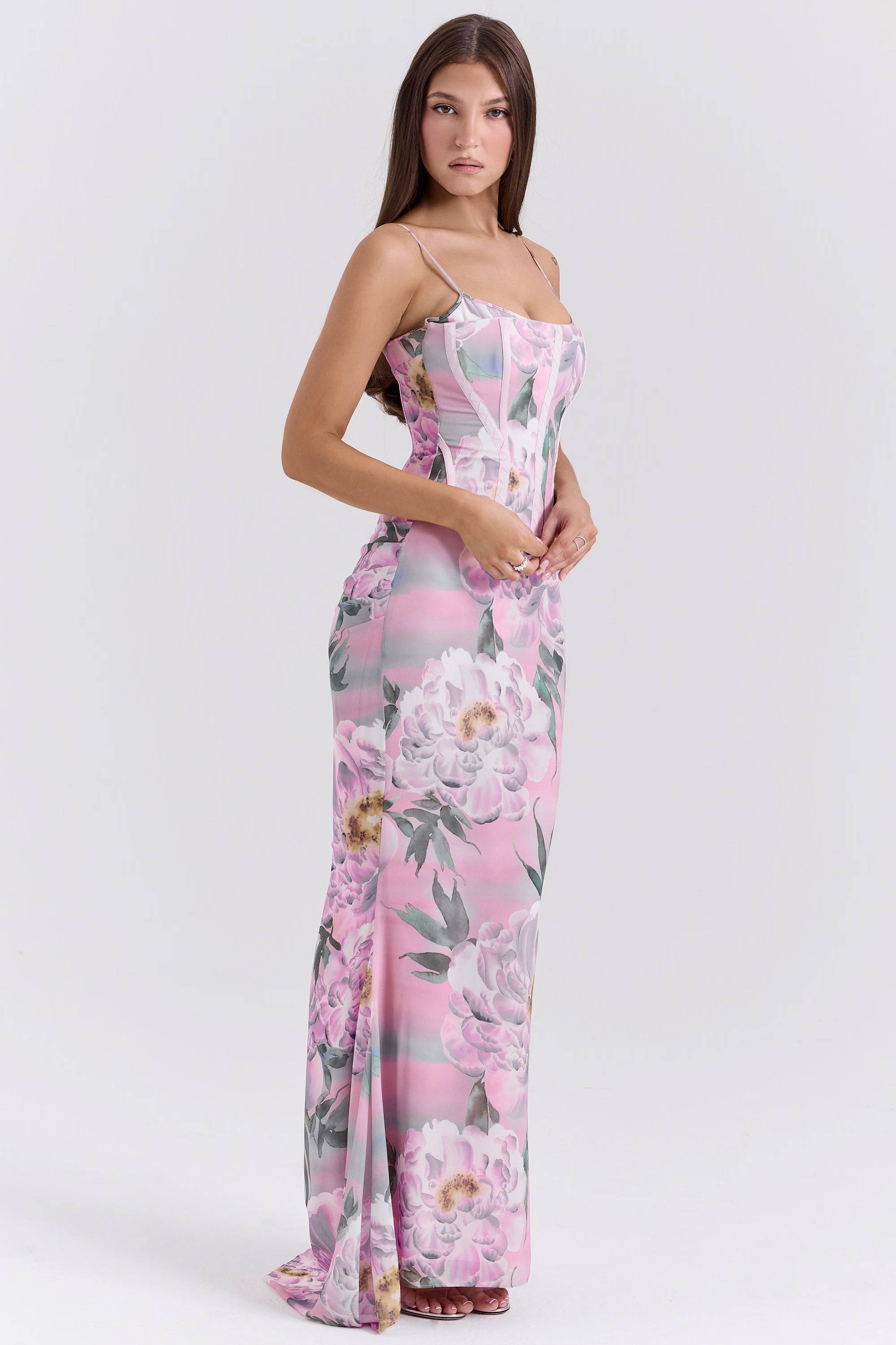 ANTONINA Pink Floral Corset Maxi Dress  Gemma Chic