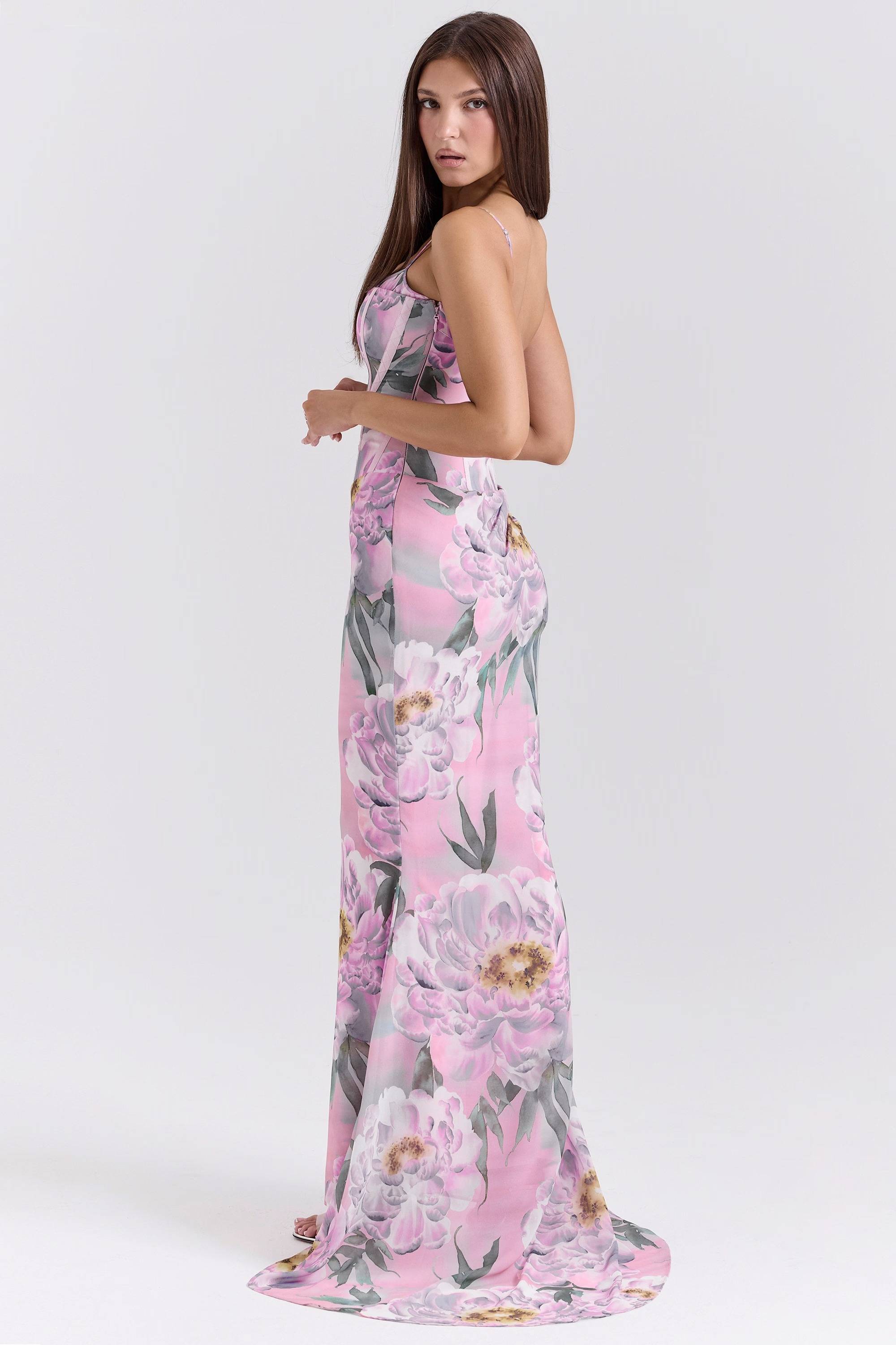 ANTONINA Pink Floral Corset Maxi Dress  Gemma Chic