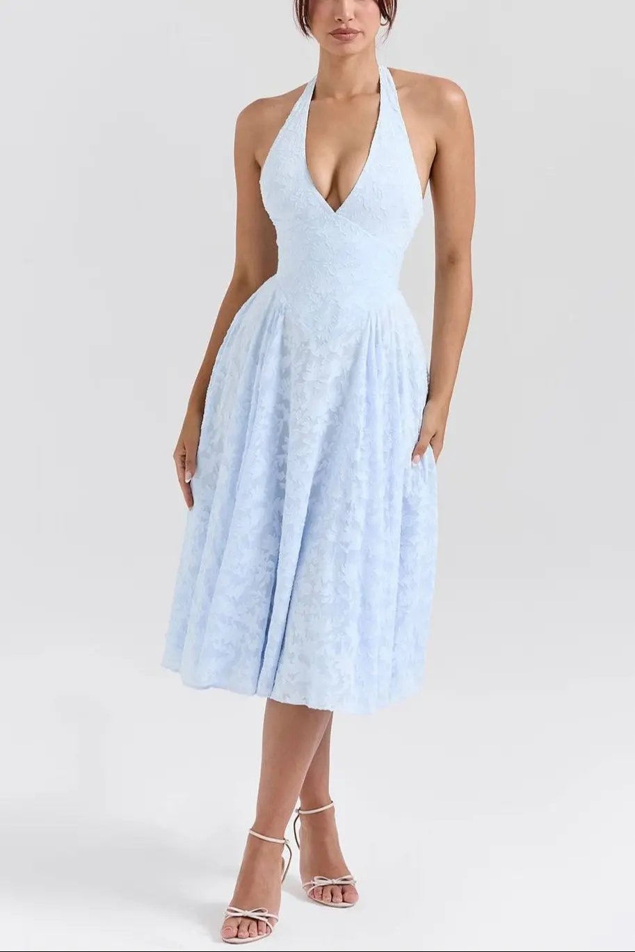 ARIETTA Bluebell Floral Jacquard Halter Midi Dress  GEMMACHIC