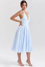 ARIETTA Bluebell Floral Jacquard Halter Midi Dress  Gemma Chic