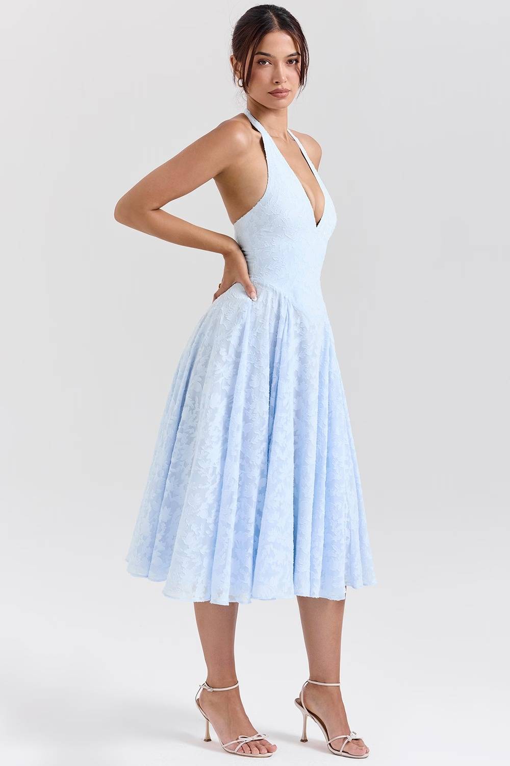 ARIETTA Bluebell Floral Jacquard Halter Midi Dress  Gemma Chic