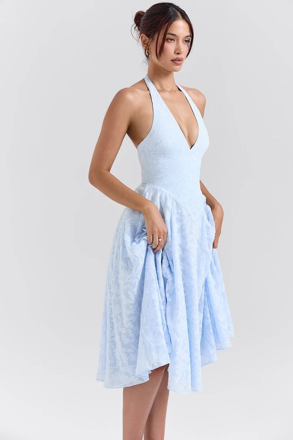 ARIETTA Bluebell Floral Jacquard Halter Midi Dress  Gemma Chic