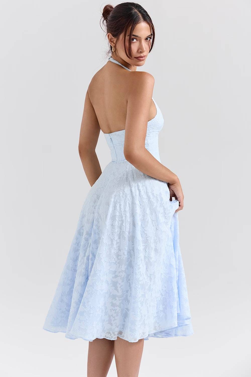 ARIETTA Bluebell Floral Jacquard Halter Midi Dress  Gemma Chic