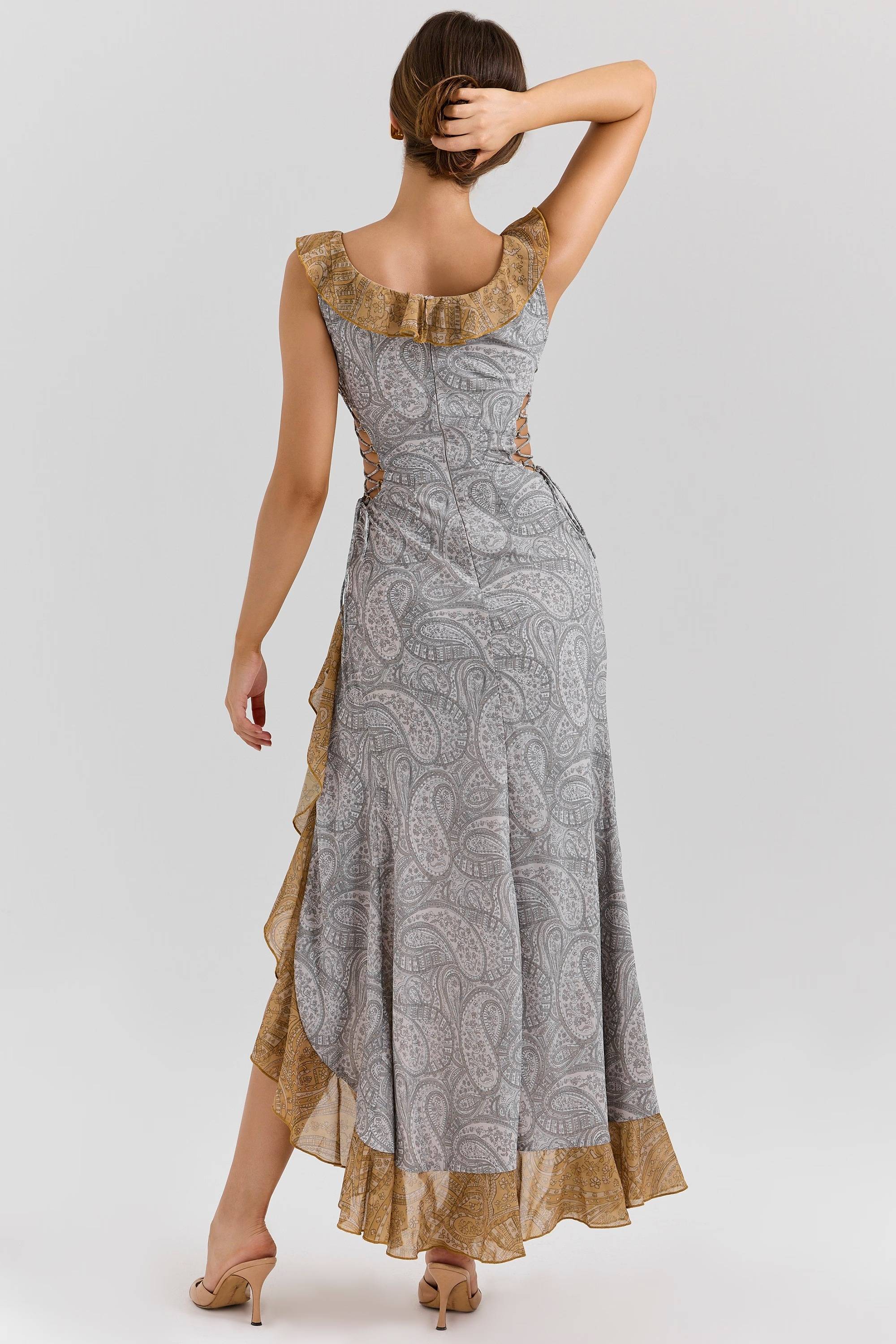 Paisley Print Georgette Ruffle Maxi Dress  Gemma Chic