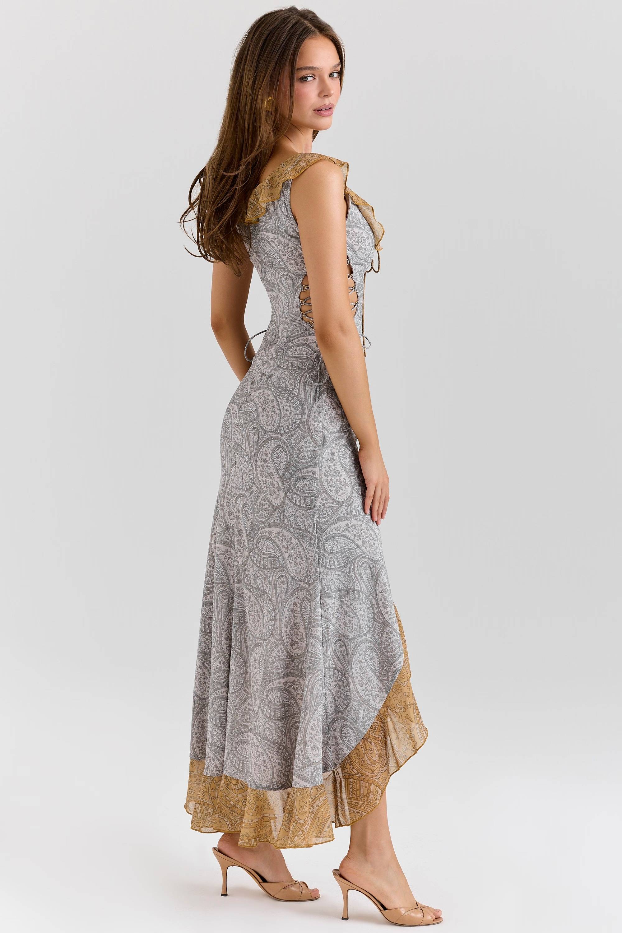 Paisley Print Georgette Ruffle Maxi Dress  Gemma Chic