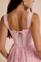 Amara Pink Rose Print Stretch Cotton Corset Midi Dress  GEMMACHIC