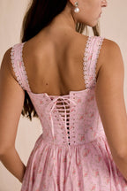 Amara Pink Rose Print Stretch Cotton Corset Midi Dress  Gemma Chic