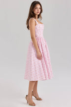 Amara Pink Rose Print Stretch Cotton Corset Midi Dress  Gemma Chic