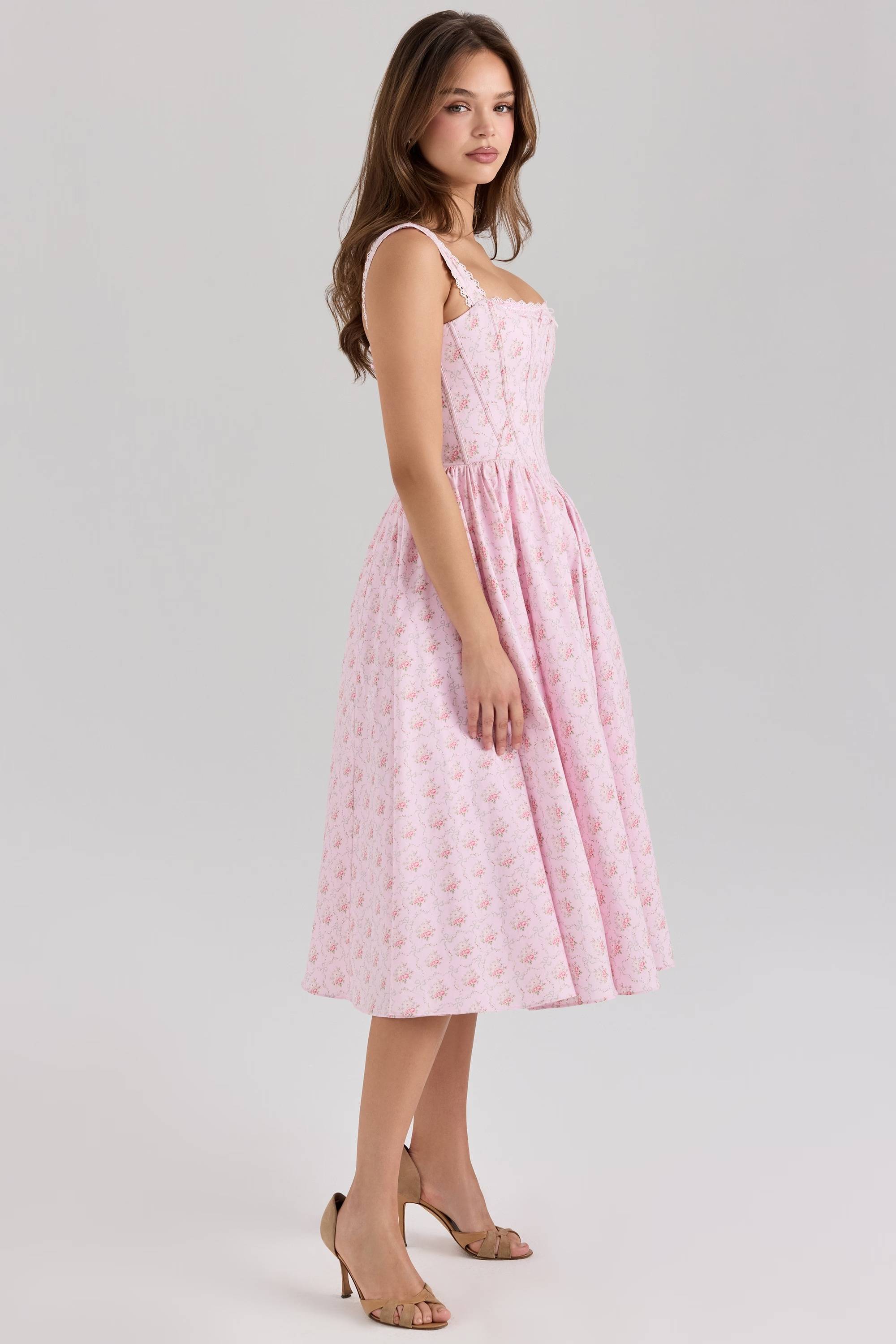 Amara Pink Rose Print Stretch Cotton Corset Midi Dress  Gemma Chic