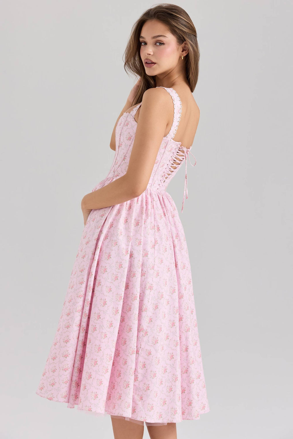 Amara Pink Rose Print Stretch Cotton Corset Midi Dress  Gemma Chic