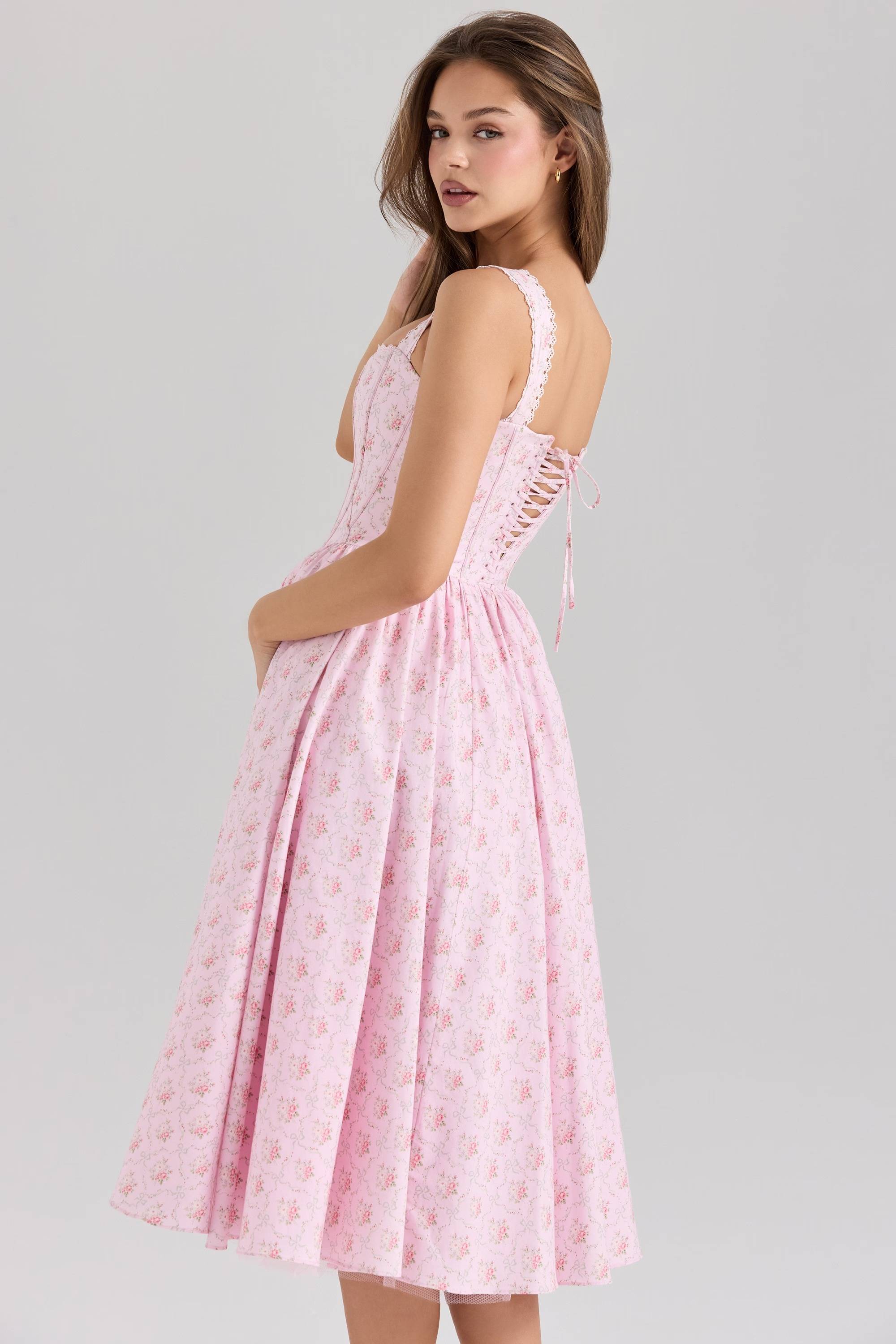 Amara Pink Rose Print Stretch Cotton Corset Midi Dress  Gemma Chic