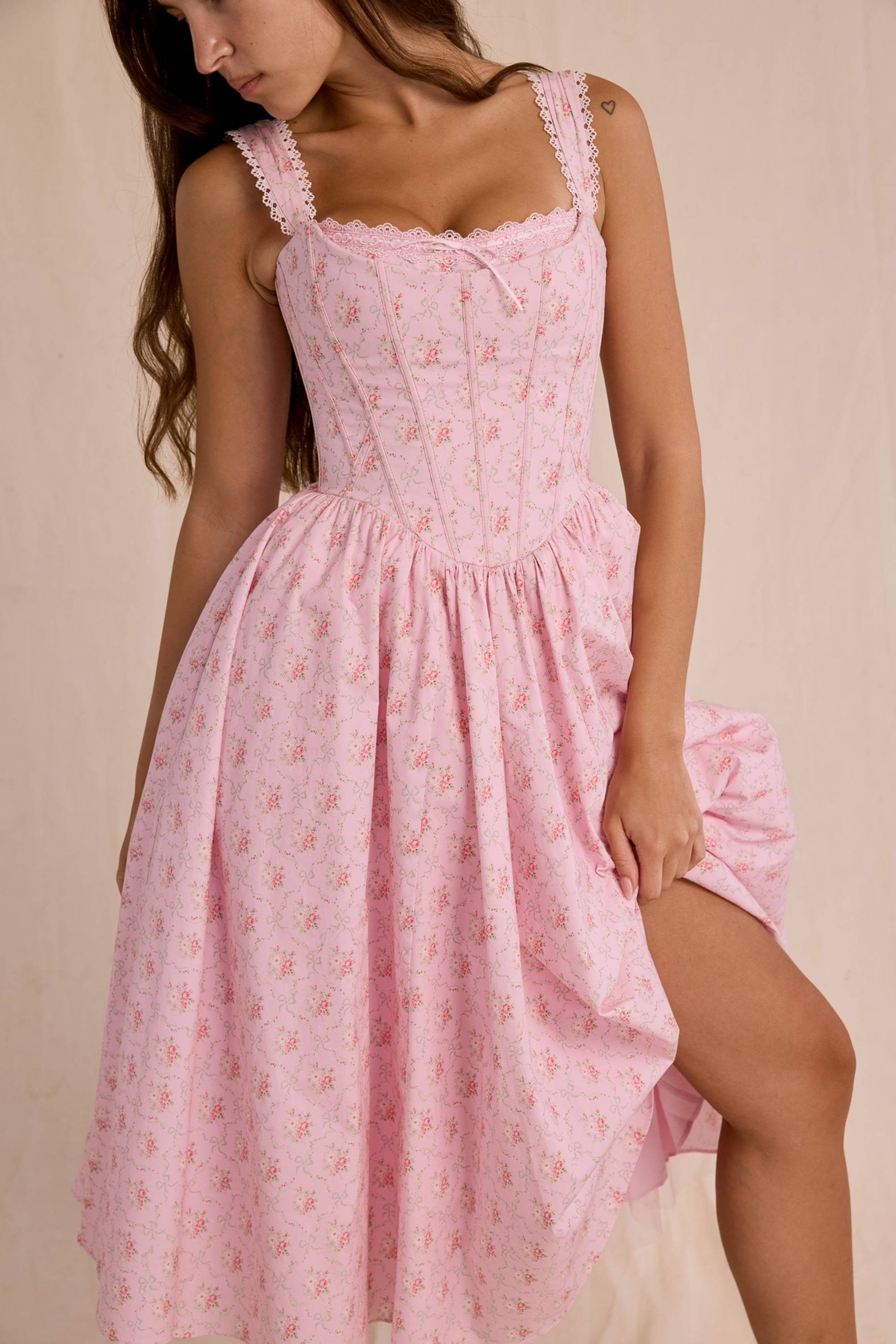 Amara Pink Rose Print Stretch Cotton Corset Midi Dress  Gemma Chic