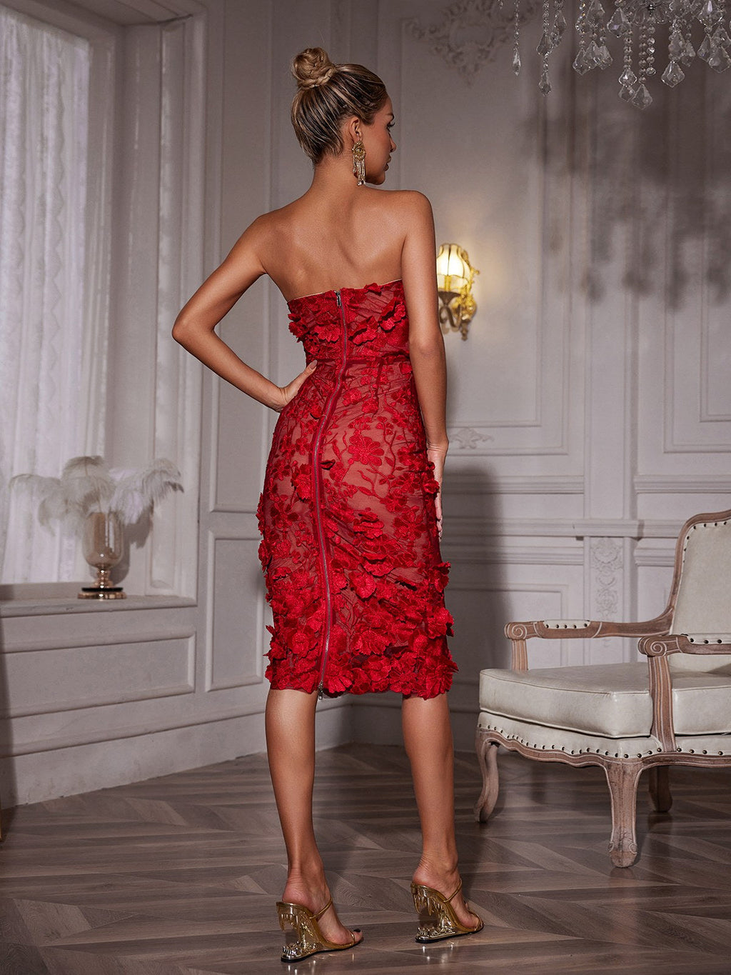 Avital Strapless Flower Midi Dress In Red  GEMMACHIC