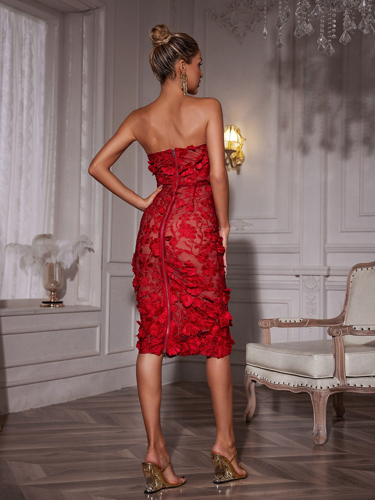 Avital Strapless Flower Midi Dress In Red  GEMMACHIC