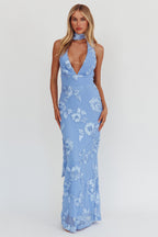 Cipriana Backless Halter Maxi Dress Embellished Blue  GEMMACHIC