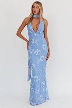 Cipriana Backless Halter Maxi Dress Embellished Blue  GEMMACHIC