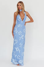 Cipriana Backless Halter Maxi Dress Embellished Blue  GEMMACHIC