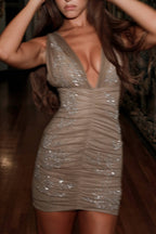 Beige Tulle Hand Embellished Beaded Mini Dress - Limited Edition  Gemma Chic