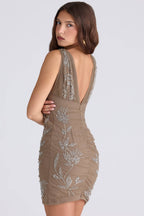 Beige Tulle Hand Embellished Beaded Mini Dress - Limited Edition  Gemma Chic