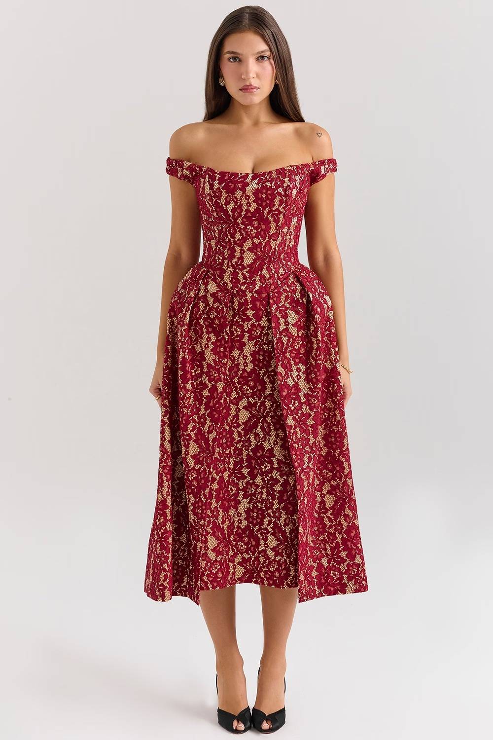 CHARMING Gold And Berry Lace Midi Off Shoulder Dress  Gemma Chic