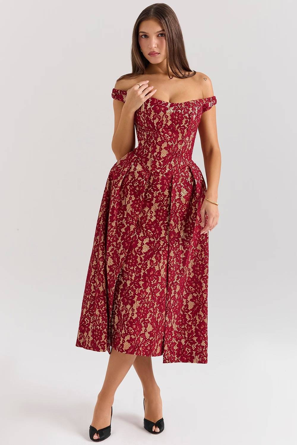 CHARMING Gold And Berry Lace Midi Off Shoulder Dress  Gemma Chic