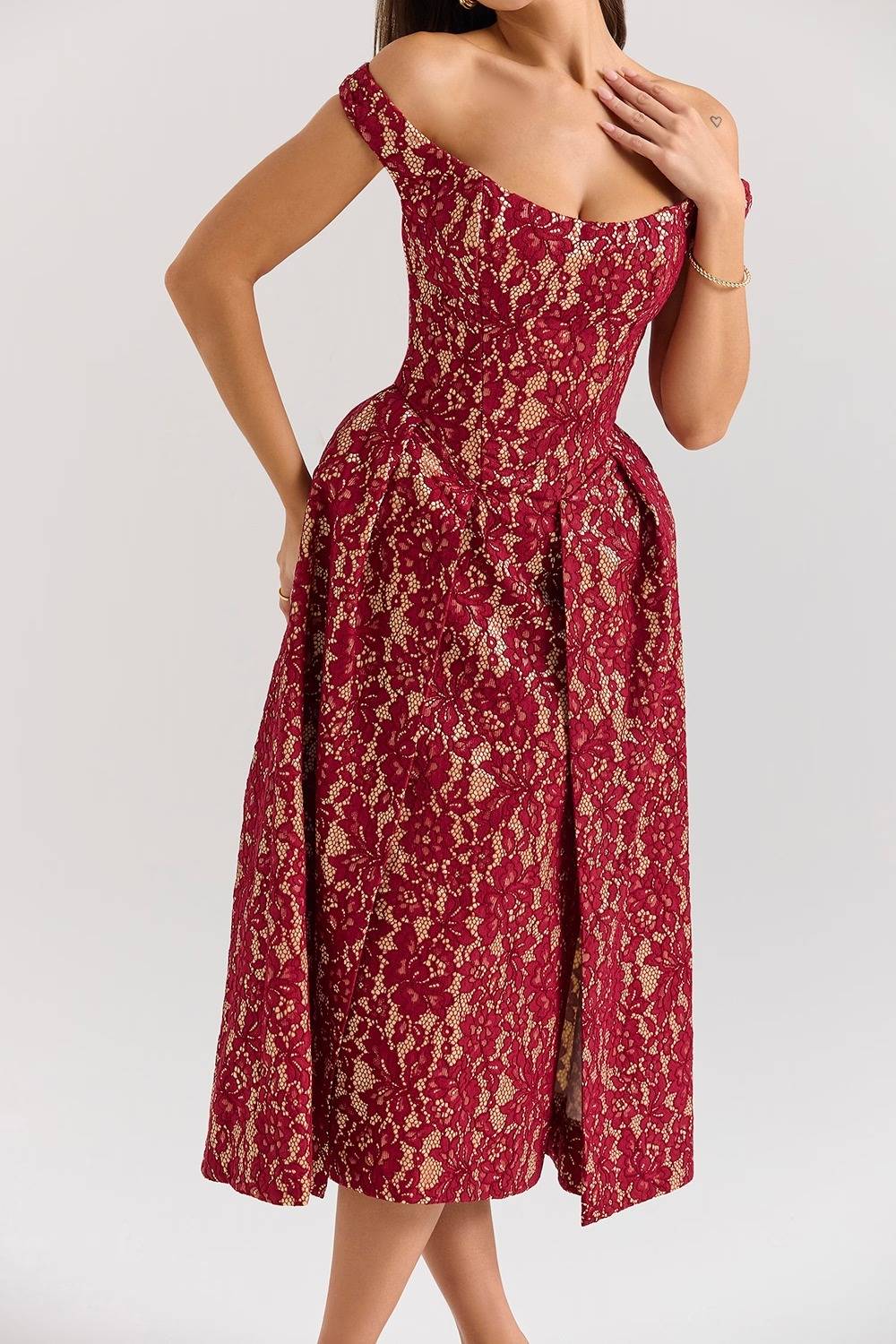 CHARMING Gold And Berry Lace Midi Off Shoulder Dress  Gemma Chic